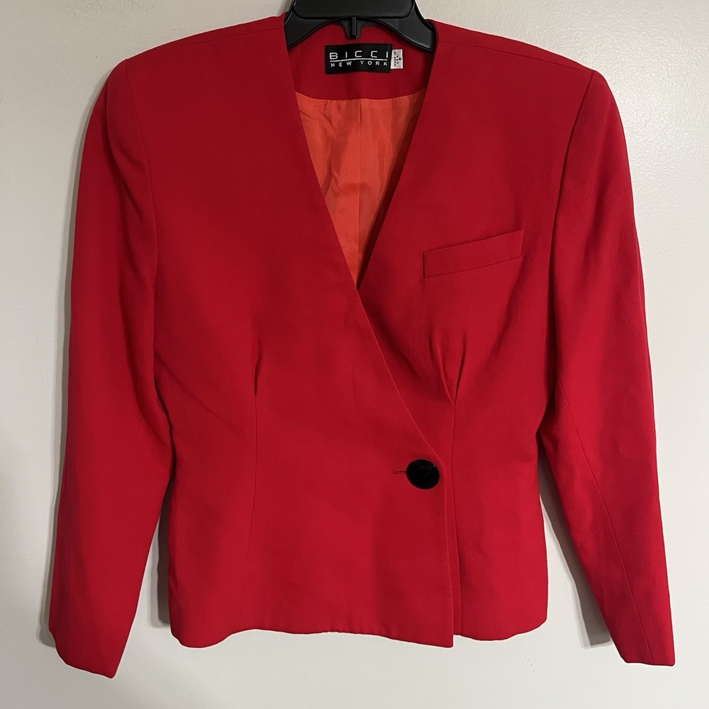 Bicci‎ New York Vintage Red Wool Blazer Asymmetric Wrap Single Button USA Size 8